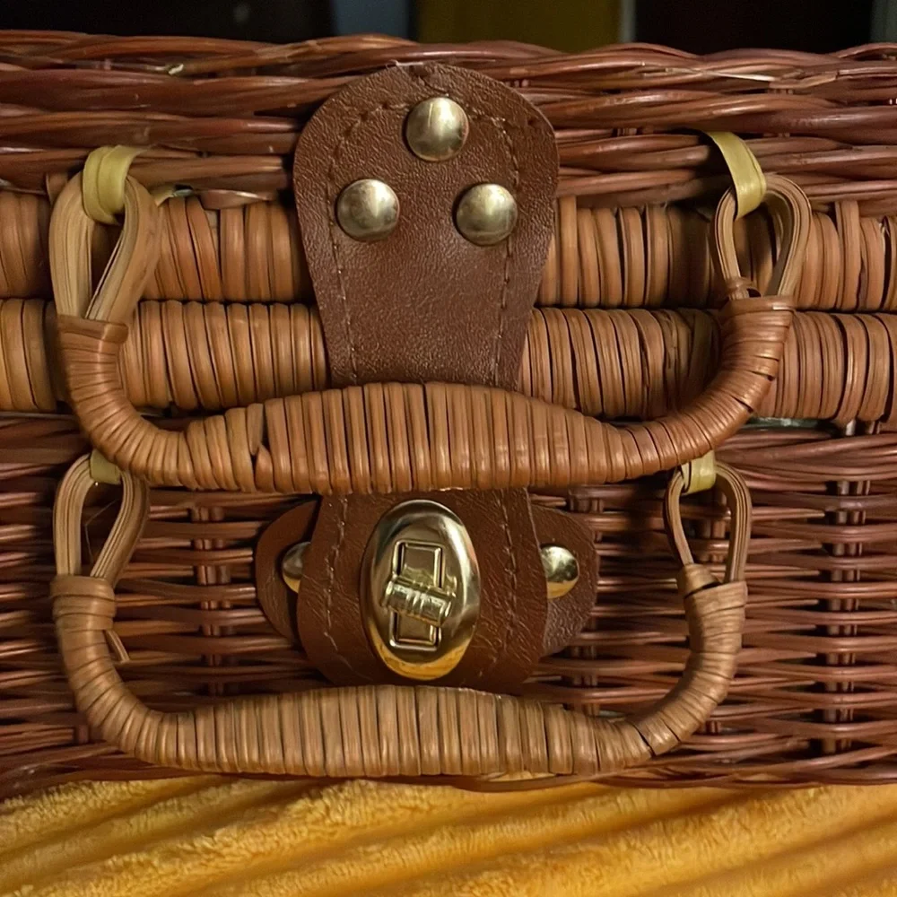 Woven Rattan Storage Basket with Leather-Look Handle - Brown